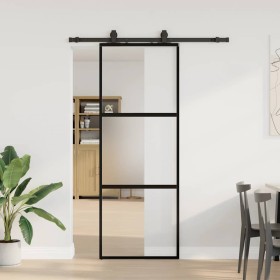 Puerta corredera con herrajes negro 76x205 cm vidrio templado