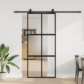 Puerta corredera con herrajes negro 90x205 cm vidrio templado
