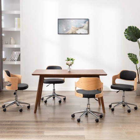 Sillas de comedor giratorias 4 uds madera curvada y cuero negro