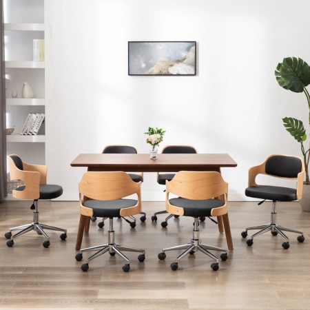 Sillas de comedor giratorias 6 uds madera curvada y cuero negro
