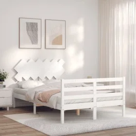 Double bed frame with white solid wood headboard by vidaXL, Beds and slatted bases - Ref: Foro24-3195257, Price: 135,80 €, Di...