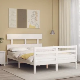 Double bed frame with white solid wood headboard by vidaXL, Beds and slatted bases - Ref: Foro24-3195062, Price: 133,86 €, Di...