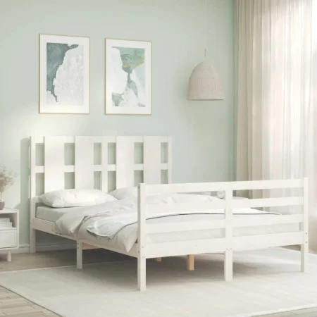 Double bed frame with white solid wood headboard by vidaXL, Beds and slatted bases - Ref: Foro24-3194087, Price: 146,29 €, Di...