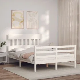 Double bed frame with white solid wood headboard by vidaXL, Beds and slatted bases - Ref: Foro24-3195127, Price: 134,82 €, Di...