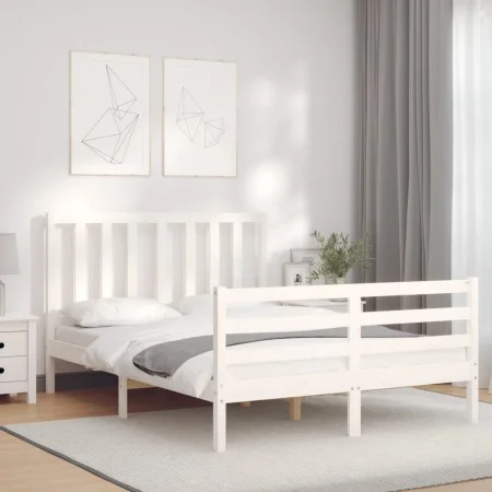 Double bed frame with white solid wood headboard by vidaXL, Beds and slatted bases - Ref: Foro24-3193827, Price: 135,87 €, Di...