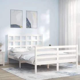 Double bed frame with white solid wood headboard by vidaXL, Beds and slatted bases - Ref: Foro24-3193957, Price: 137,72 €, Di...