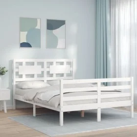 Double bed frame with white solid wood headboard by vidaXL, Beds and slatted bases - Ref: Foro24-3194412, Price: 145,66 €, Di...