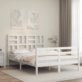 Double bed frame with white solid wood headboard by vidaXL, Beds and slatted bases - Ref: Foro24-3194867, Price: 139,61 €, Di...