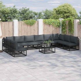 Conjunto de sofá de jardín con cojín 10 pcs Negro Aluminio
