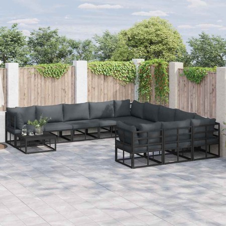 Conjunto de sofá de jardín con cojín 12 pcs Negro Aluminio