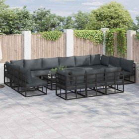 Conjunto de sofá de jardín con cojín 14 pcs Negro Aluminio