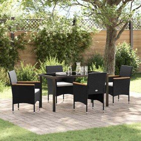 Conjunto de Comedor de Jardín con cojín 5 pcs Negro Poliratán