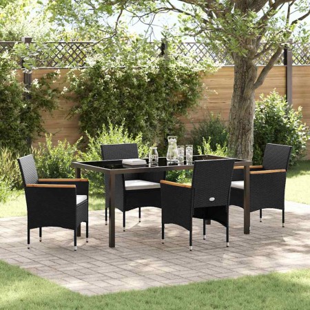 Conjunto de Comedor de Jardín con cojín 5 pcs Negro Poliratán