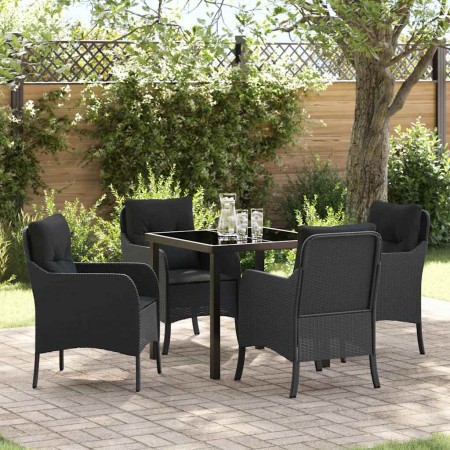 Conjunto de Comedor de Jardín con cojín 5 pcs Negro Poliratán