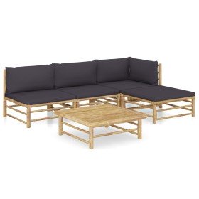 Set de muebles de jardín 5 piezas bambú con cojines gris oscuro