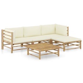 Set de muebles de jardín 5 piezas bambú y cojines blanco crema en Conjuntos de jardín | Comprar online en Foro24