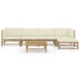 Set de muebles de jardín 6 piezas bambú y cojines blanco crema