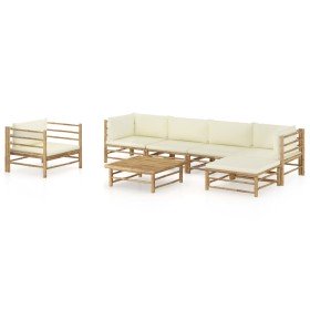 Set de muebles de jardín 7 piezas bambú y cojines blanco crema
