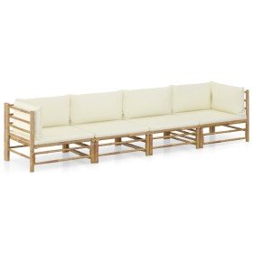 Set de muebles de jardín 4 piezas bambú y cojines blanco crema