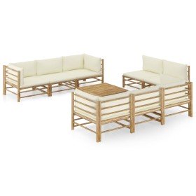 Set de muebles de jardín 9 piezas bambú y cojines blanco crema Set de muebles de jardín 9 piezas bambú y cojines blanco crema