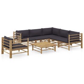 Set de muebles de jardín 7 piezas bambú con cojines gris oscuro Set de muebles de jardín 7 piezas bambú con cojines gris oscuro