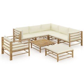 Set de muebles de jardín 8 piezas bambú y cojines blanco crema