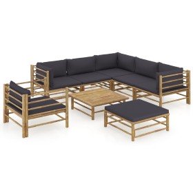 Set de muebles de jardín 8 piezas bambú con cojines gris oscuro