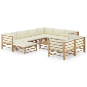Set de muebles de jardín 10 piezas bambú y cojines blanco crema en Conjuntos de jardín | Comprar online en Foro24
