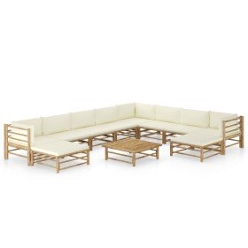 Set de muebles de jardín 11 piezas bambú y cojines blanco crema