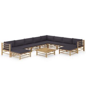 Set de muebles de jardín 11 pzas bambú con cojines gris oscuro