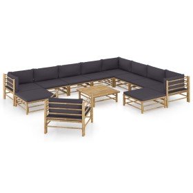 Set de muebles de jardín 12 pzas bambú con cojines gris oscuro Set de muebles de jardín 12 pzas bambú con cojines gris oscuro