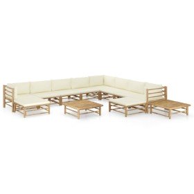 Set de muebles de jardín 12 piezas bambú y cojines blanco crema