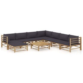 Set de muebles de jardín 9 piezas bambú con cojines gris oscuro