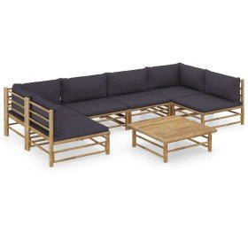 Set de muebles de jardín 7 piezas bambú con cojines gris oscuro