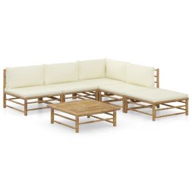 Set de muebles de jardín 6 piezas bambú y cojines blanco crema Set de muebles de jardín 6 piezas bambú y cojines blanco crema