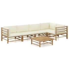Set de muebles de jardín 6 piezas bambú y cojines blanco crema