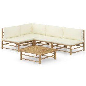Set de muebles de jardín 5 piezas bambú y cojines blanco crema