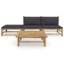 Set de muebles de jardín 4 piezas bambú con cojines gris oscuro