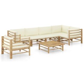 Set de muebles de jardín 7 piezas bambú y cojines blanco crema