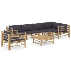 Set de muebles de jardín 7 piezas bambú con cojines gris oscuro Set de muebles de jardín 7 piezas bambú con cojines gris oscuro