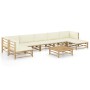 Set de muebles de jardín 8 piezas bambú y cojines blanco crema