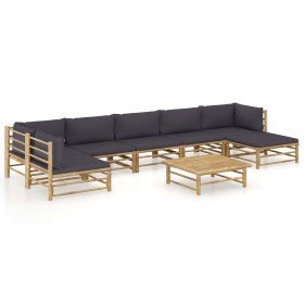 Set de muebles de jardín 8 piezas bambú con cojines gris oscuro Set de muebles de jardín 8 piezas bambú con cojines gris oscuro