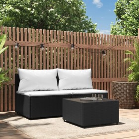 Set de muebles de jardín 3 pzas y cojines ratán sintético negro