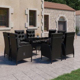 Set de comedor de jardín 9 piezas ratán PE y vidrio negro Set de comedor de jardín 9 piezas ratán PE y vidrio negro