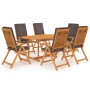 Set de comedor para jardín 7 piezas teca maciza y cojines gris