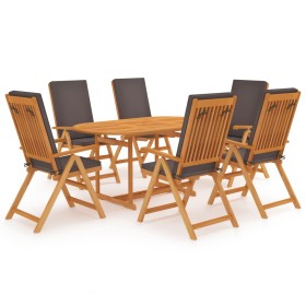 Set de comedor para jardín 7 piezas teca maciza y cojines gris