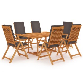 Set de comedor para jardín 7 piezas teca maciza y cojines gris