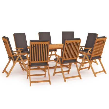 Set de comedor para jardín 9 piezas teca maciza y cojines gris