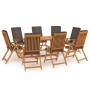 Set de comedor para jardín 9 piezas teca maciza y cojines gris
