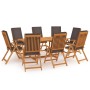 Set de comedor para jardín 9 piezas teca maciza y cojines gris